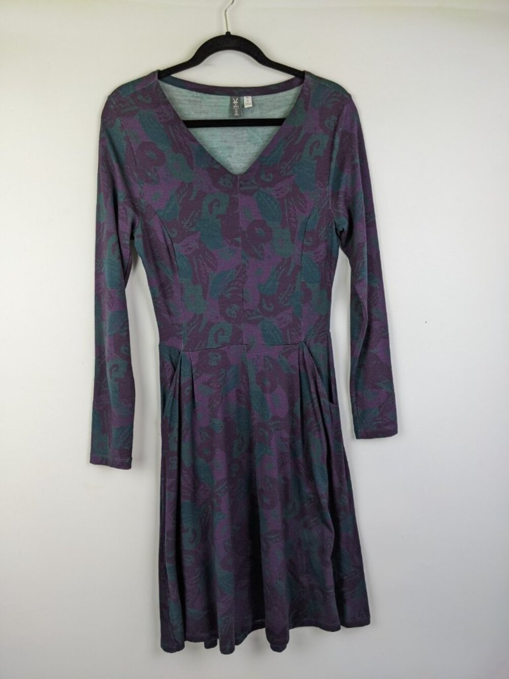Ibex Merino Wool Long Sleeve V Neck A Line Dress Floral Womens Size Small Pocket